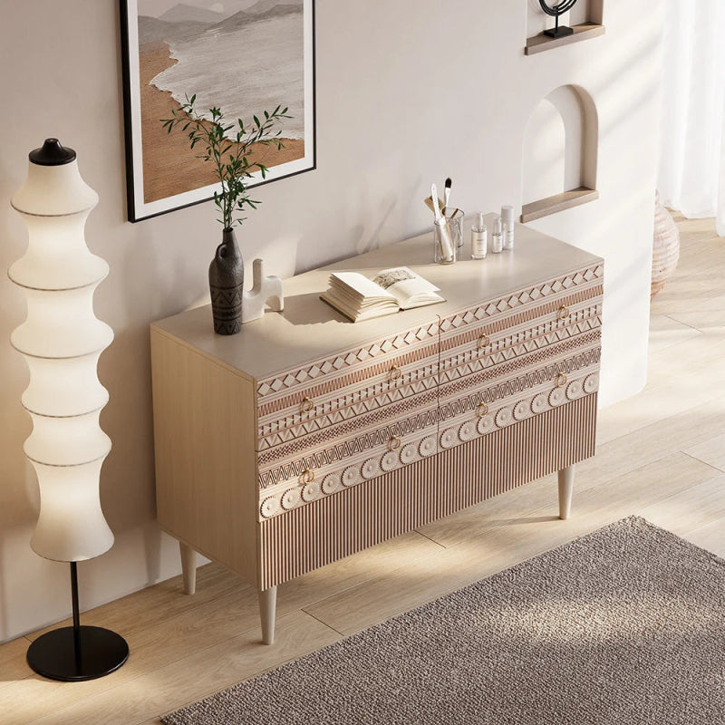 6 drawer dresser boho Arched Boho 6-Drawer Dresser | Natural Oak & Walnut Storage Cabinet