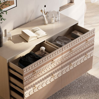 Wooden Hand Carved Boho Bedroom Chest of Six Drawers Chest of Drawers - Bone Inlay Furnitures