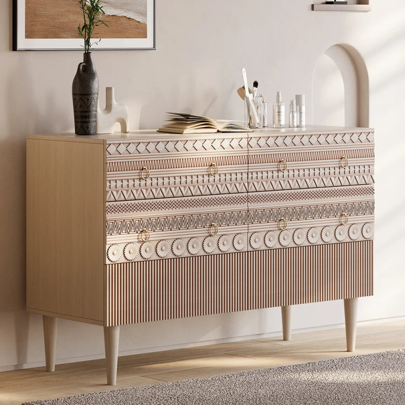 Wooden Hand Carved Boho Bedroom Chest of Six Drawers Chest of Drawers - Bone Inlay Furnitures