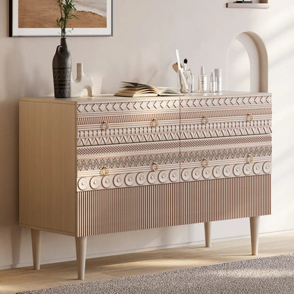 Wooden Hand Carved Boho Bedroom Chest of Six Drawers Chest of Drawers - Bone Inlay Furnitures