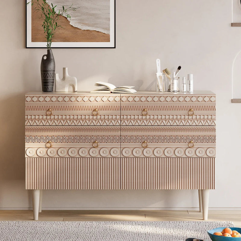 Wooden Hand Carved Boho Bedroom Chest of Six Drawers Chest of Drawers - Bone Inlay Furnitures