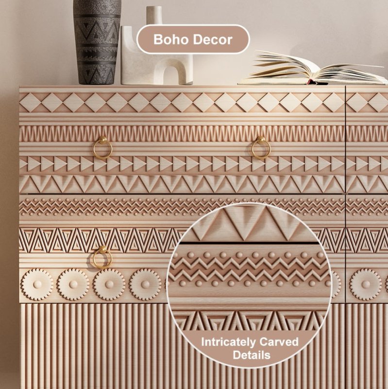 Wooden Hand Carved Boho Bedroom Chest of Six Drawers Chest of Drawers - Bone Inlay Furnitures