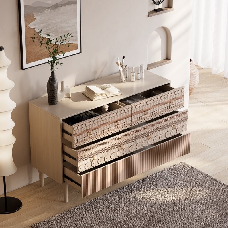 Hand-Carved Geometric 6-Drawer Dresser