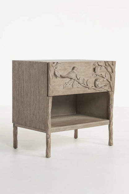 Wooden Hand Carved Natural Color Ornithology Bedside Nightstand Nightstand - Bone Inlay Furnitures