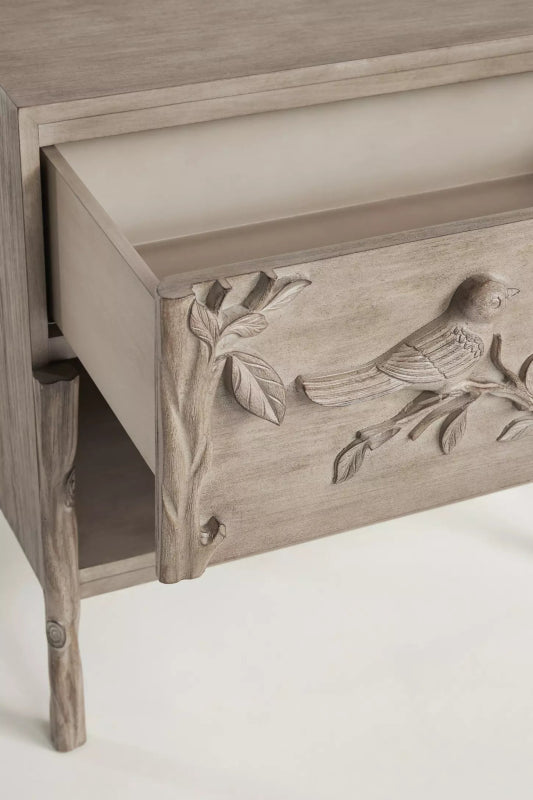 Wooden Hand Carved Natural Color Ornithology Bedside Nightstand Nightstand - Bone Inlay Furnitures