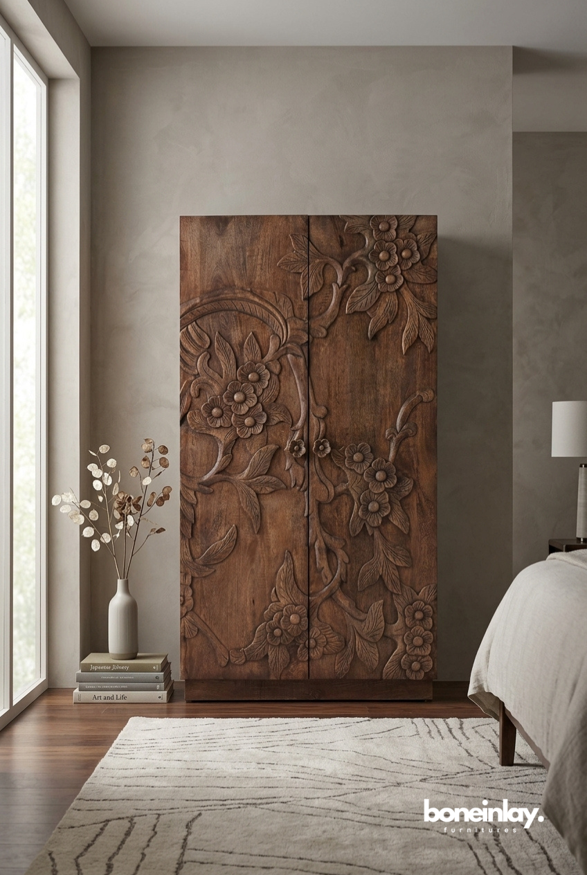Tall Hand Carved Floral Wood Wardrobe Cabinet for Bedroom Storage