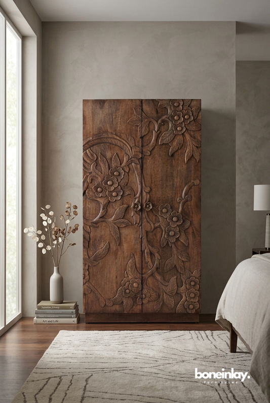 Tall Hand Carved Floral Wood Wardrobe Cabinet for Bedroom Storage