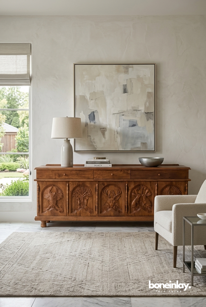 A large wooden credenza with three drawers and five doors, each featuring unique hand-carved wildlife and nature relief panels, placed in a bright, modern living room.