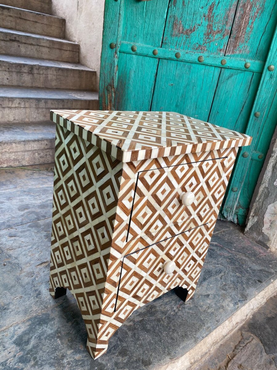 Artisan Bone Inlay Nightstand with Two Drawers Featuring Chevron Triangle Geometric Pattern in Cream and Wood Tone