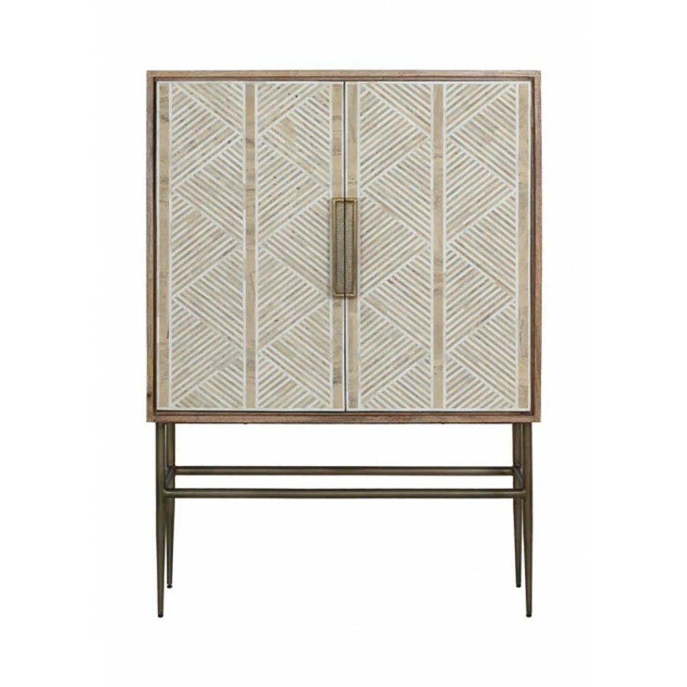 Full view of a handmade two-door bone inlay bar cabinet with ivory and natural wood-toned diagonal stripes, long vertical handles, and a raised antique brass-finish metal stand.