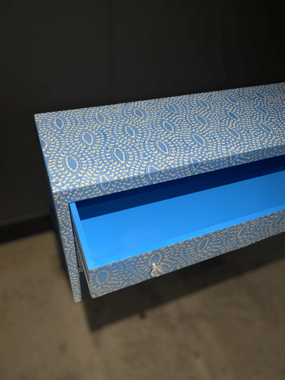 Azure Bone Inlay Console Table with Open Storage Drawer, Blue Lacquered Interior, Moroccan Inlay Exterior