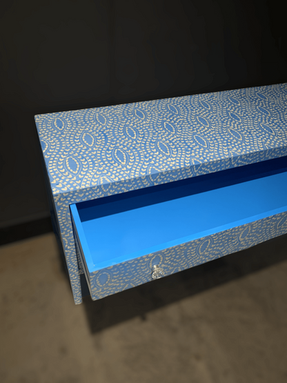 Azure Bone Inlay Console Table with Open Storage Drawer, Blue Lacquered Interior, Moroccan Inlay Exterior