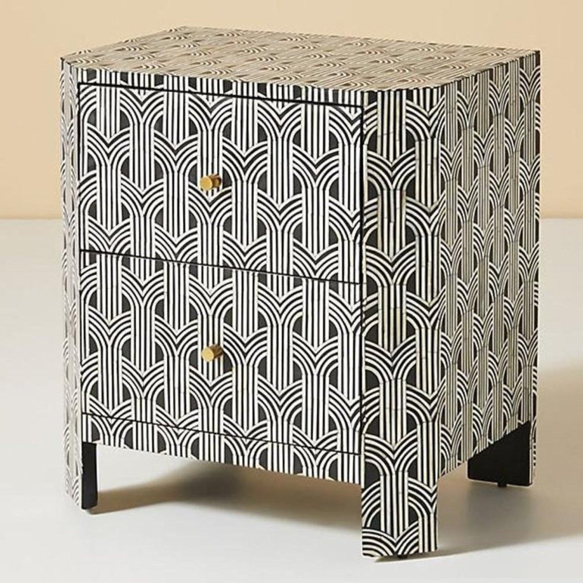 Black Bone Inlay Bedside Table with two drawers, ivory geometric arches, curved waterfall sides, and small brass knobs.