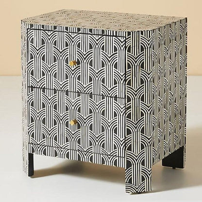Black Bone Inlay Bedside Table with two drawers, ivory geometric arches, curved waterfall sides, and small brass knobs.