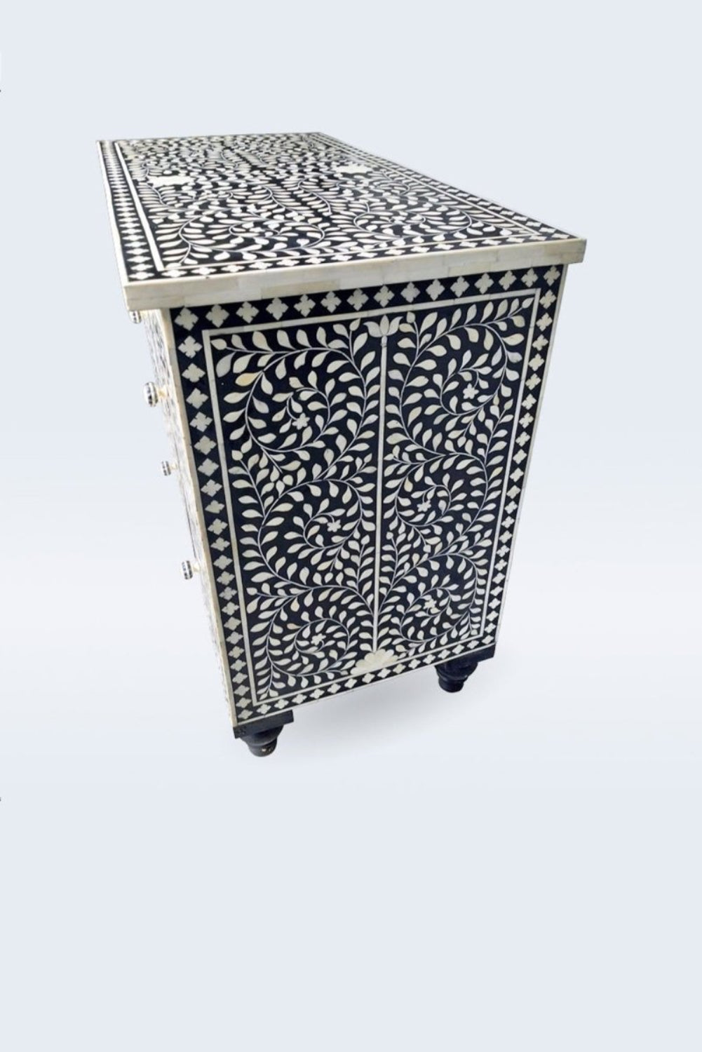 Black Bone Inlay Floral Bureau featuring six drawers, ivory floral detailing, paneled fronts, and turned black feet