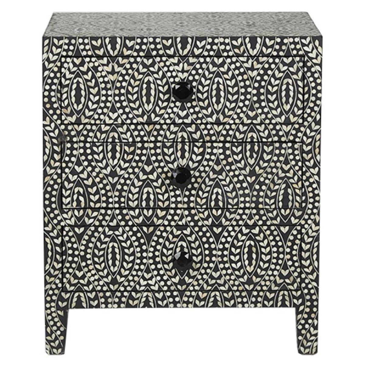 Black and white bone inlay nightstand featuring repeating floral leaf pattern across 3 drawers with black glass knobs, handcrafted finish