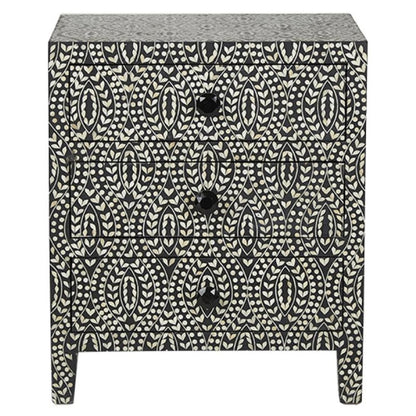 Black and white bone inlay nightstand featuring repeating floral leaf pattern across 3 drawers with black glass knobs, handcrafted finish