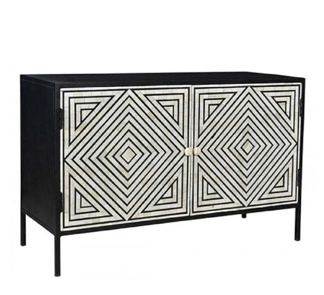 Black Bone Inlay Geometric Buffet with an ivory diamond pattern, two doors, and black metal base shown as a sideboard.