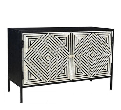 Black Bone Inlay Geometric Buffet with an ivory diamond pattern, two doors, and black metal base shown as a sideboard.