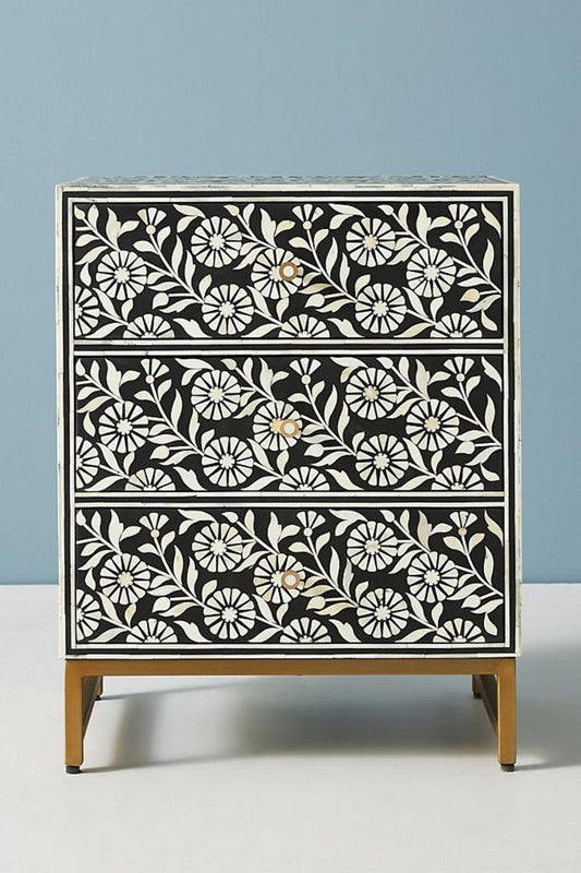 Black Bone Inlay Nightstand with three drawers in a front three-quarter view, highlighting the sunflower-patterned facade.