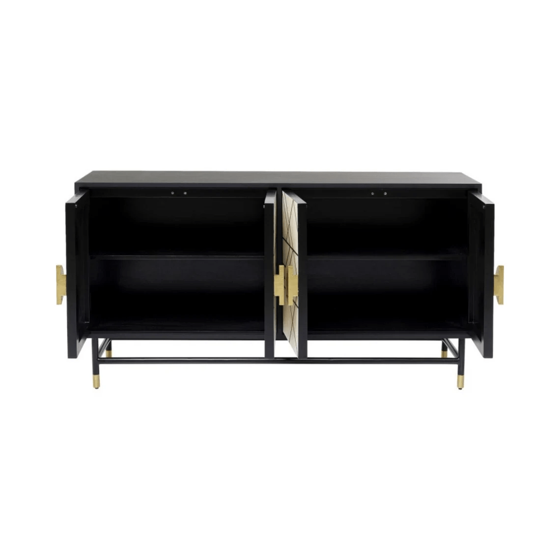 Black bone inlay sideboard with brass hardware and black metal trestle base, four-door handcrafted wood buffet for dining room or media console use