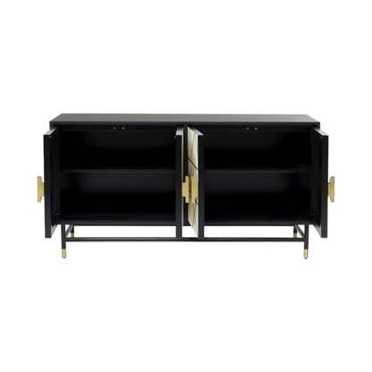 Black bone inlay sideboard with brass hardware and black metal trestle base, four-door handcrafted wood buffet for dining room or media console use