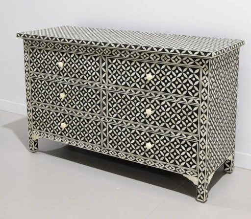 Black bone inlay six drawer chest with intricate geometric mosaic pattern on solid wood, large storage dresser handcrafted by Indian artisans