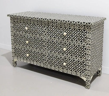 Black bone inlay six drawer chest with intricate geometric mosaic pattern on solid wood, large storage dresser handcrafted by Indian artisans
