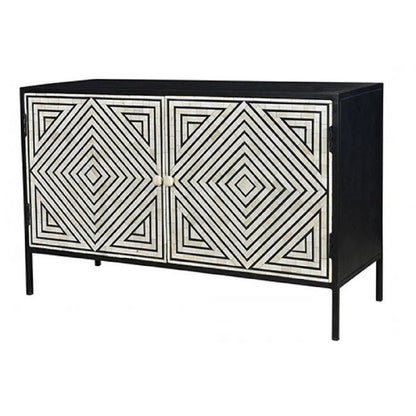 Black Bone Inlay Stripe Credenza with a bold ivory diamond pattern, framed cabinet body, and black metal base.