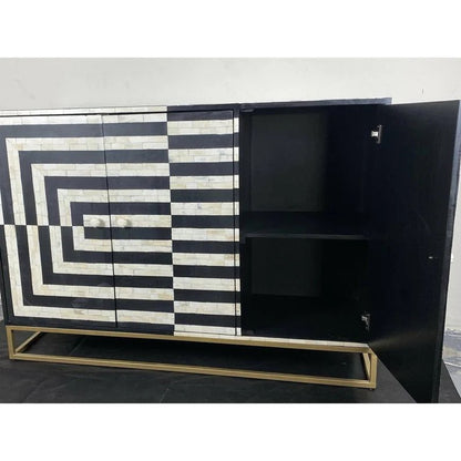 Black and white bone inlay credenza with one door open revealing interior shelf compartment, optical illusion inlay pattern visible on cabinet doors and sides