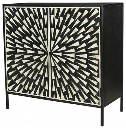 Black and white bone inlay geometric sunburst two-door cabinet with iron legs on white background, handcrafted solid wood storage furniture