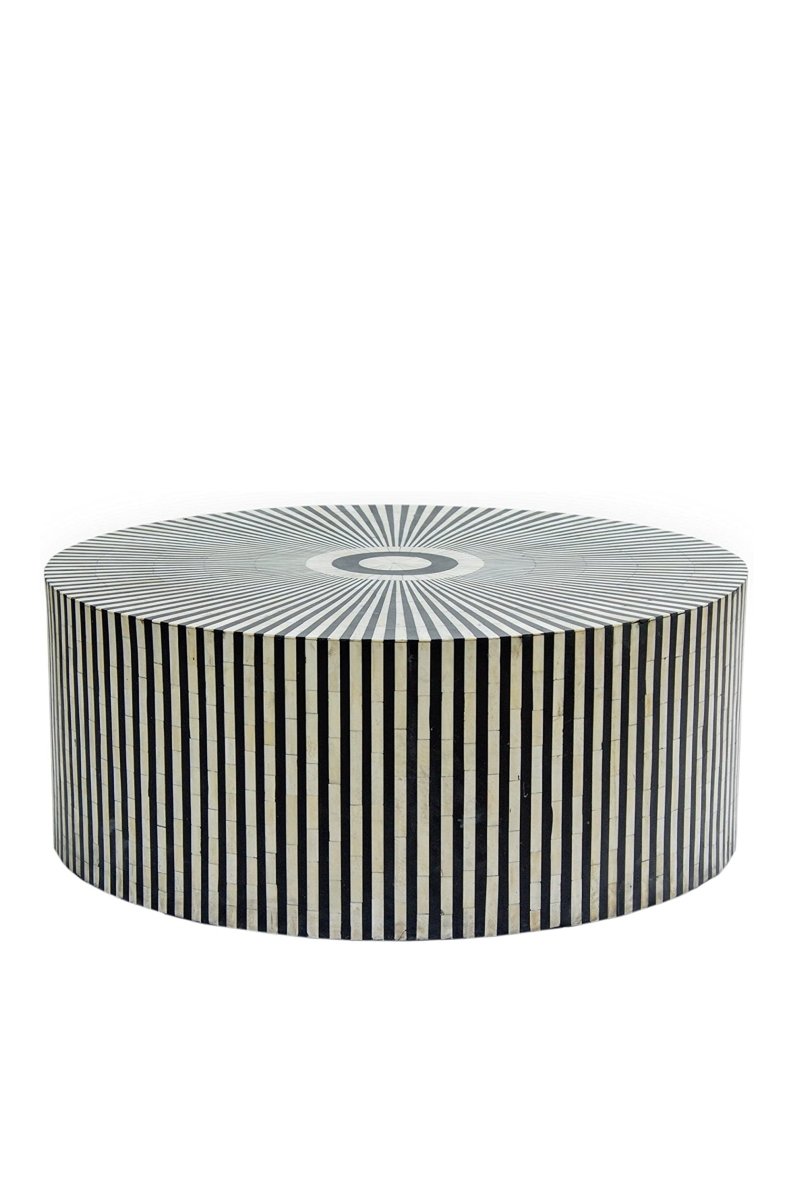 Black and white striped bone inlay coffee table showing the central radial design in a front three-quarter product view.
