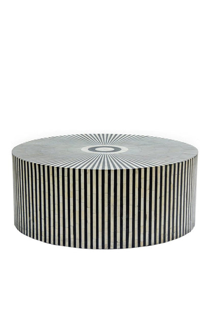 Black and white striped bone inlay coffee table showing the central radial design in a front three-quarter product view.