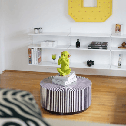Black and white striped bone inlay drum table showing the circular top and striped base in a front product view.