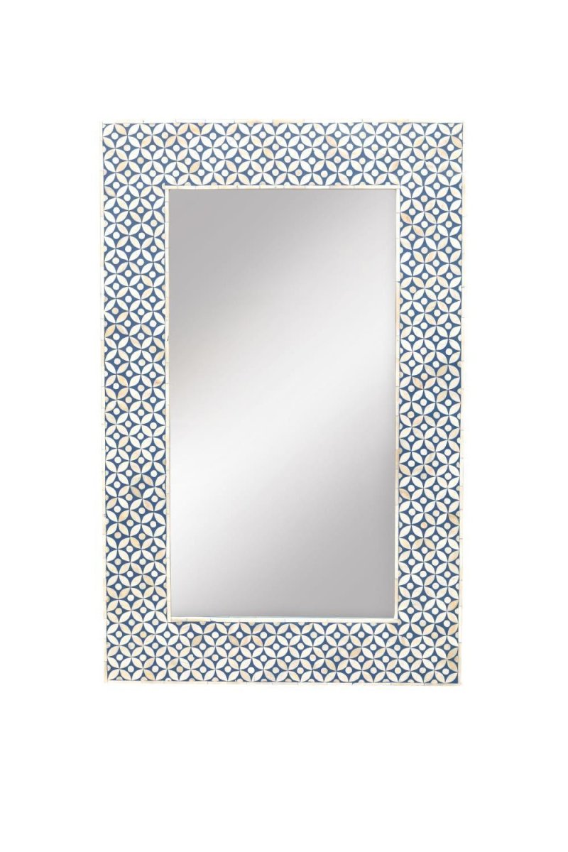 Blue bone inlay wall mirror frame shown straight on against a white background, featuring a rectangular shape and repeating blue-and-ivory geometric pattern.