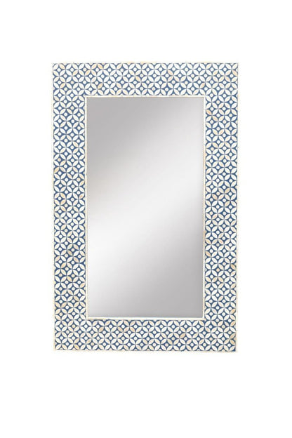 Blue bone inlay wall mirror frame shown straight on against a white background, featuring a rectangular shape and repeating blue-and-ivory geometric pattern.