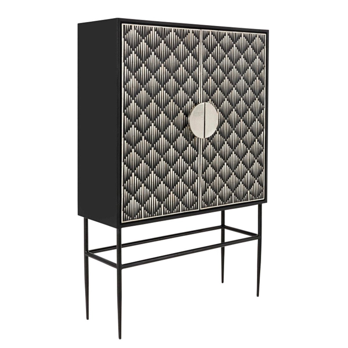 Straight-on view of a handcrafted bone inlay 2-door bar cabinet featuring dense black and white geometric spike pattern across the full door face, a round split metal pull handle, and a black iron base with tapered legs