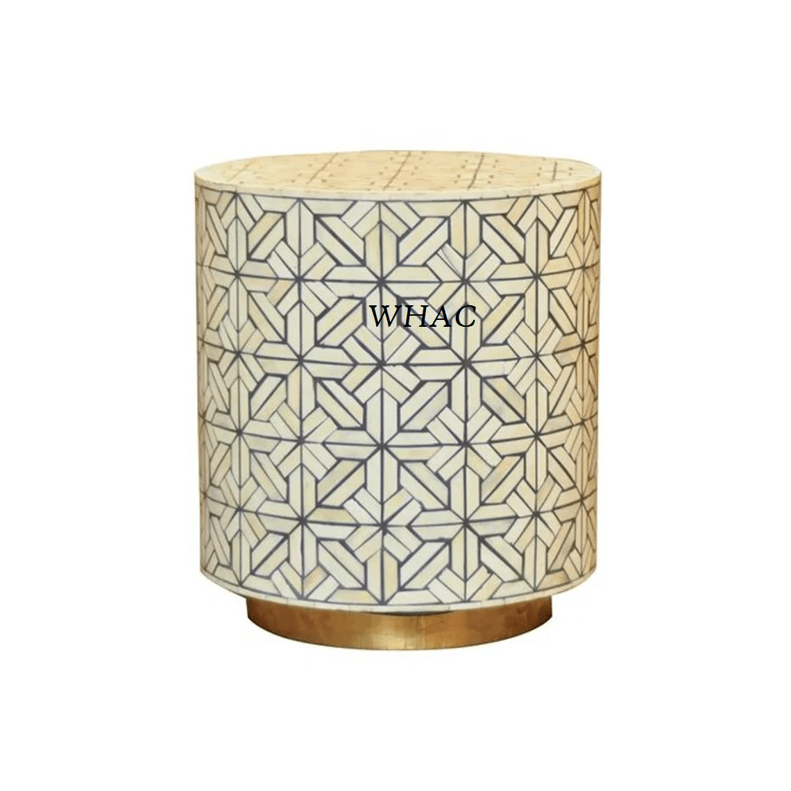 Bone inlay cylindrical end table featuring an all-over interlocking star pattern in ivory and charcoal on a brass plinth