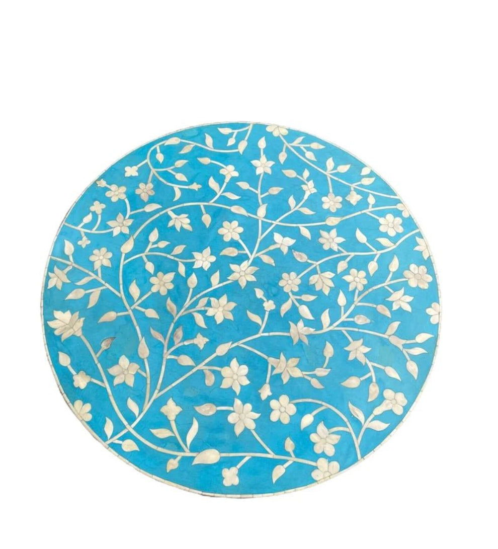 Bone inlay round coffee table turquoise floral surface, intricate white flower vine inlay design on handcrafted Indian wooden table