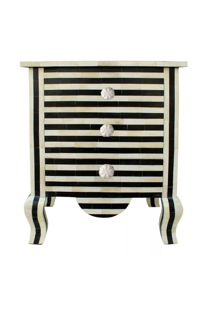 Black and White Bone Inlay Zebra Design Three Drawer Nightstand with Floral Knobs and Curved Cabriole Legs