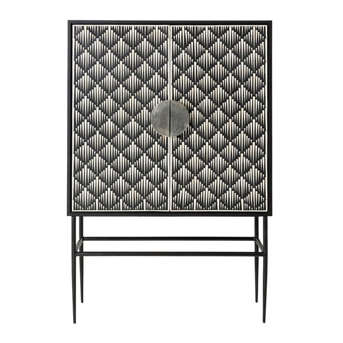 Bone inlay 2-door bar cabinet with full-coverage black and white spike chevron pattern across both doors, a circular center door pull, and a black powder-coated iron stand with tapered pointed legs on white background