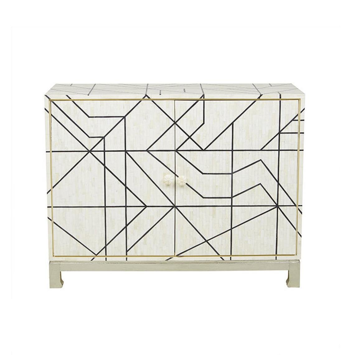 Two-door ivory bone inlay sideboard with black abstract linear maze design, brushed silver metal base, luxury handcrafted Indian furniture