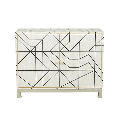 Two-door ivory bone inlay sideboard with black abstract linear maze design, brushed silver metal base, luxury handcrafted Indian furniture