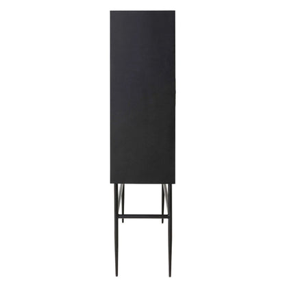 Full height plain matte black mango wood side panel of a bone inlay bar cabinet with four slender tapered black iron legs and rectangular base frame visible against a clean white background