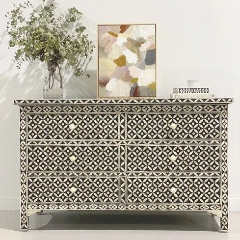 Bone inlay black geometric six drawer dresser handcrafted in India, featuring diamond star pattern with white bone inlay on solid wood frame