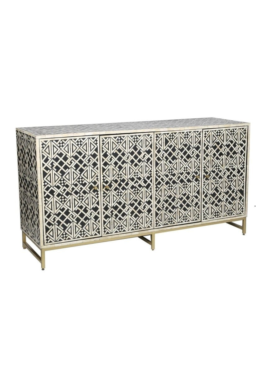 Bone Inlay Buffet Cabinet Black three-quarter view highlighting the four doors, geometric pattern, and brushed gold legs.