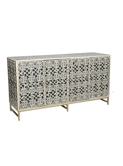 Bone Inlay Buffet Cabinet Black three-quarter view highlighting the four doors, geometric pattern, and brushed gold legs.