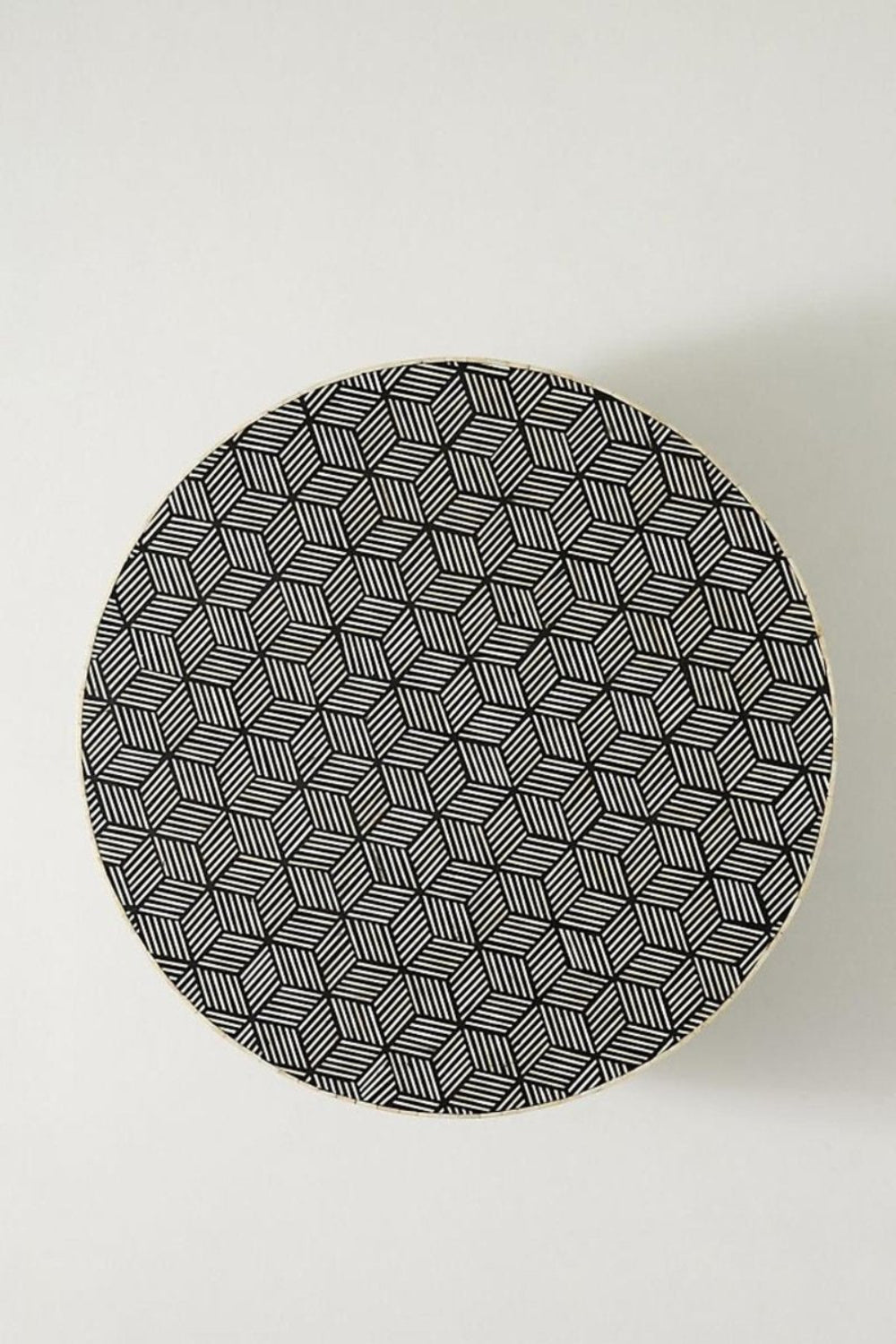 Bone Inlay Circular Center Table in black, shown from above to highlight its round geometric pattern and smooth top.