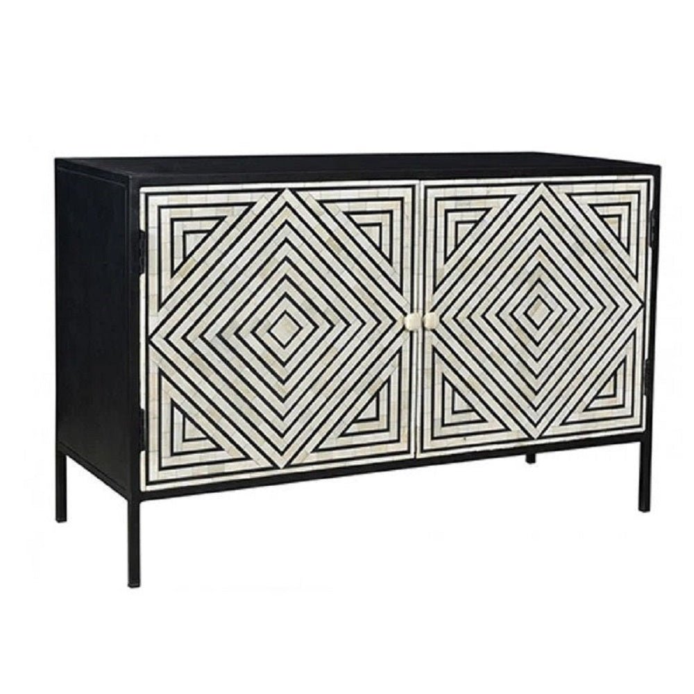 Black Bone Inlay Concentric Diamond Cabinet with two doors and thin black metal legs shown in a full front product view.