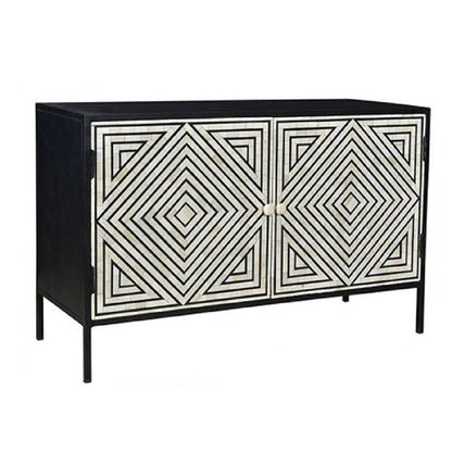 Black Bone Inlay Concentric Diamond Cabinet with two doors and thin black metal legs shown in a full front product view.